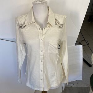 Cream silver color studs embroidered pockets faux pearl snaps 100 cotton new
